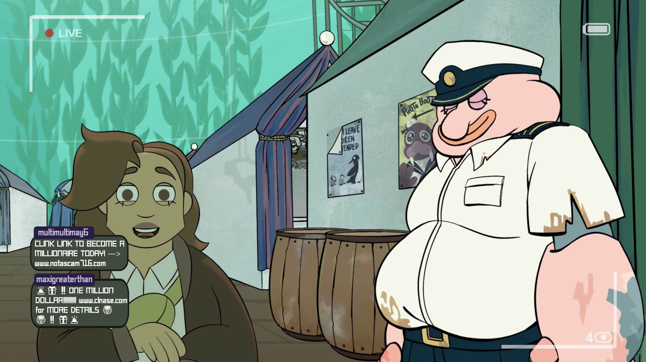 Final frame — livestream UI overlaid on an animated scene from Thalassomania
